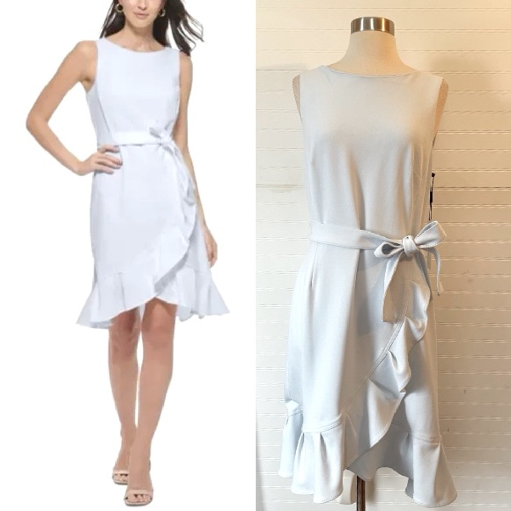 Calvin Klein Light Blue Crepe Ruffle Tulip Hem Faux Wrap Dress NWT Size 10 - Picture 2 of 13
